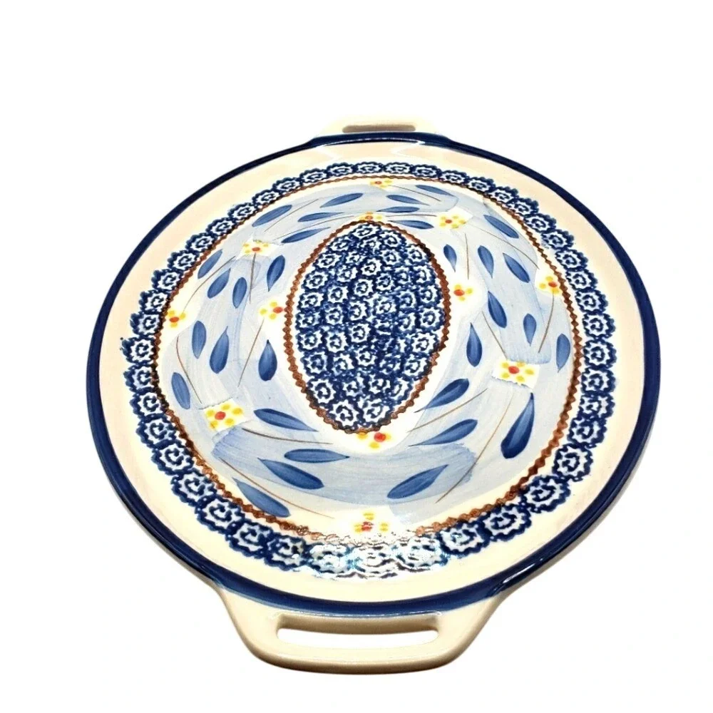 Temptations Hand Painted Oval Platter Ceramic Blue Floral Design with Handles‎